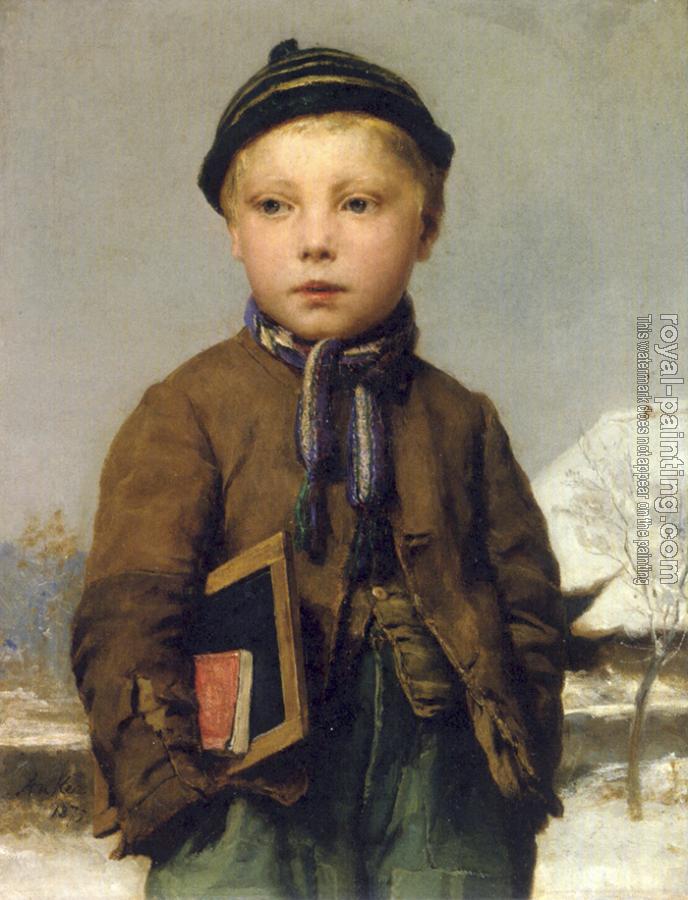 Albert Anker : School boy with slate board in a snowy landscape